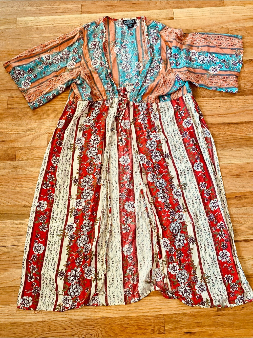 Boho Floral Stripe Midi Kimono in Red, Teal, Cream & Coral
